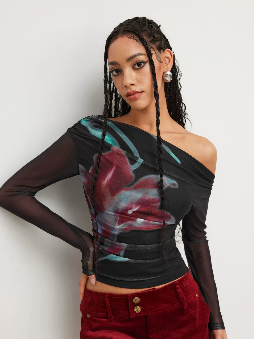 Zara Retro Printed Silk Mesh One Shoulder Spring Top